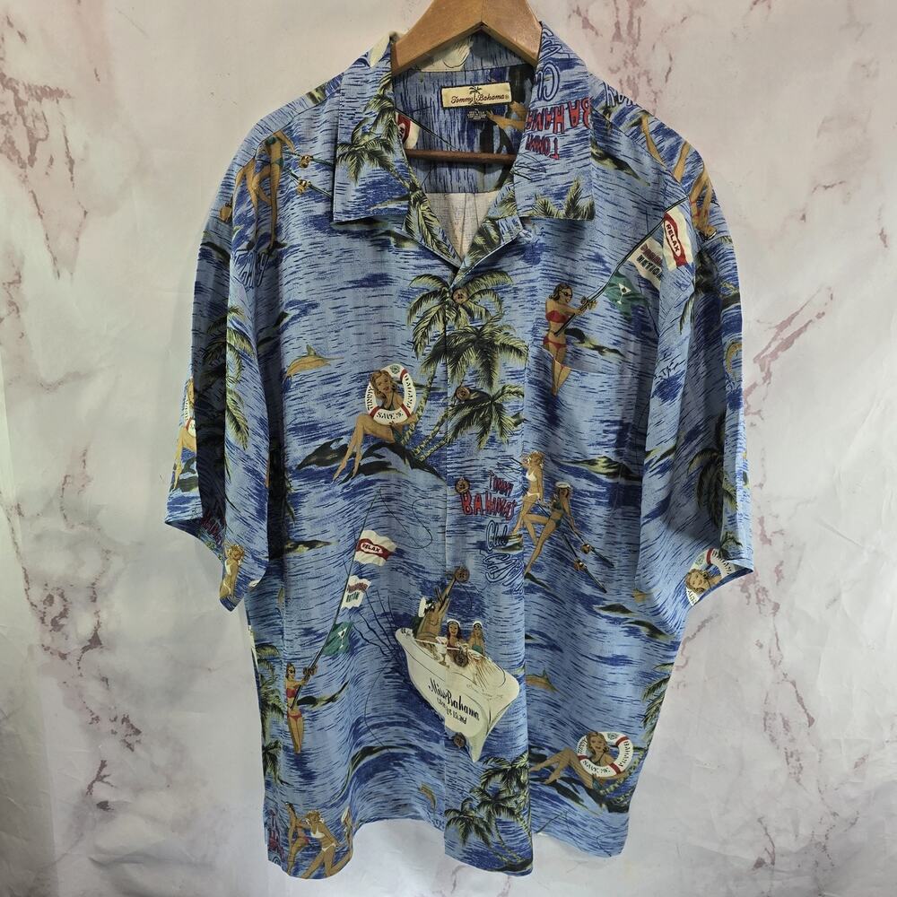 Tommy Bahama Shirt Mens XL Blue Silk Short Button Camp Loop Collar Girls Bikini